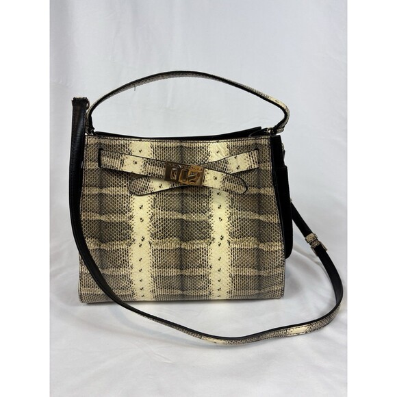 Bruno Magli 1936 Snake Embossed Satchel Bag Leather Top Handle Cream Brown - Picture 14 of 14